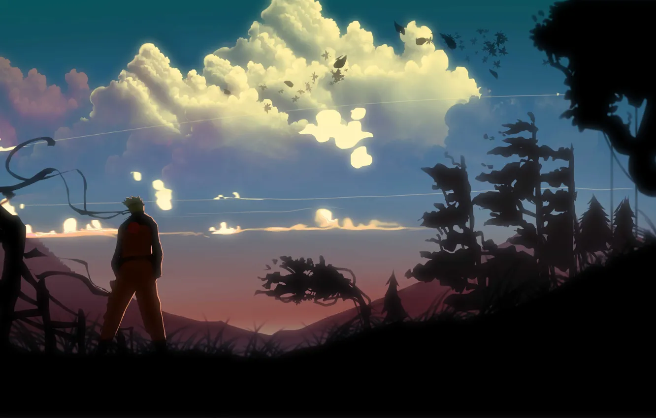 Photo wallpaper clouds, trees, landscape, the wind, art, guy, naruto, back