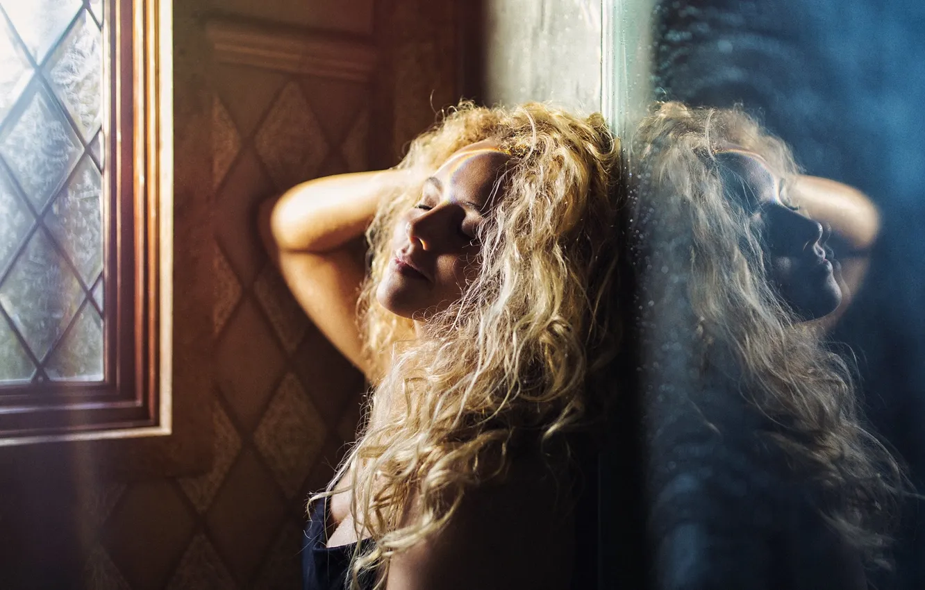 Photo wallpaper girl, reflection, window, curls