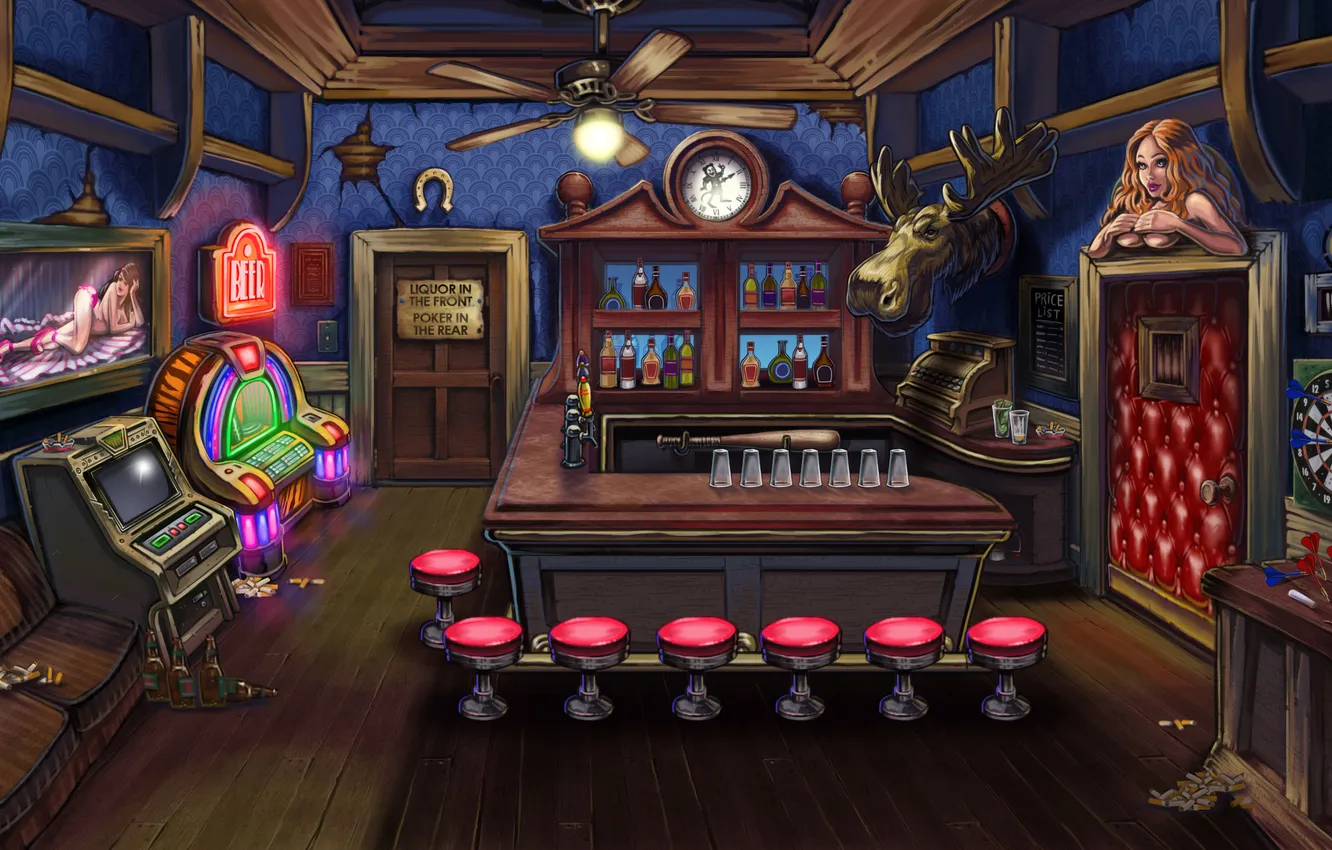 Photo wallpaper bar, bottles, watch, door, chairs, fan, cigarettes, boxes