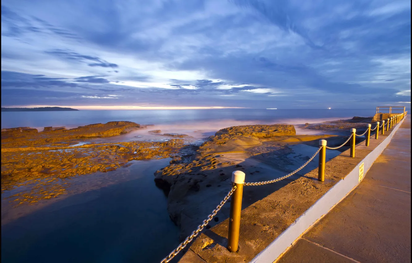 Photo wallpaper sea, beach, clouds, pierce, Bay