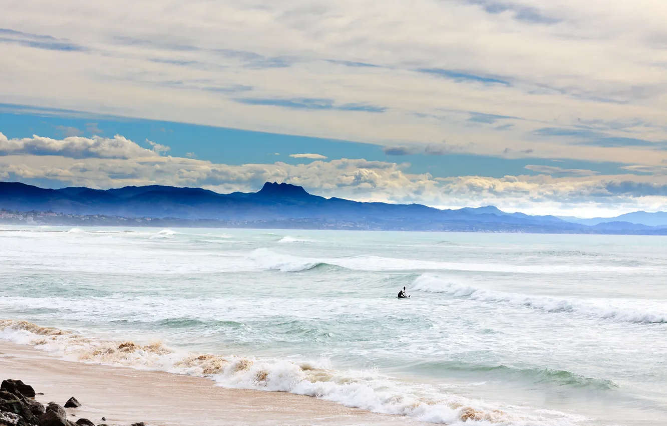 Photo wallpaper sea, wave, beach, the sky, clouds, landscape, mountains, the ocean