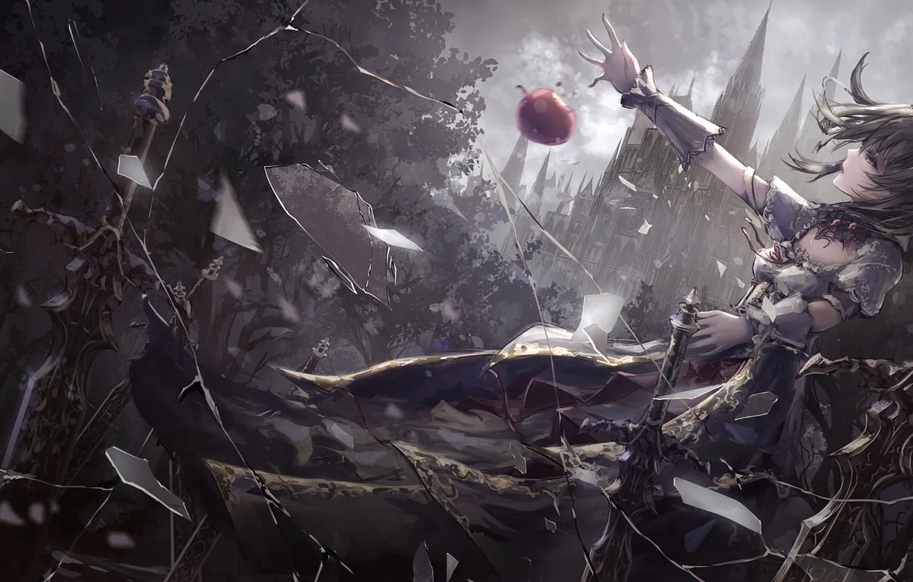 Photo wallpaper girl, night, ruins