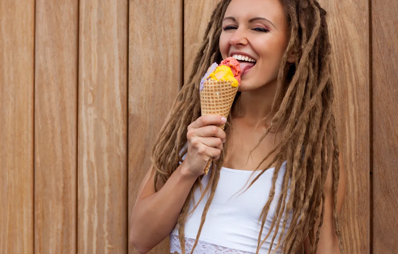 Photo wallpaper girl, joy, smile, hairstyle, ice cream, braids, brown hair