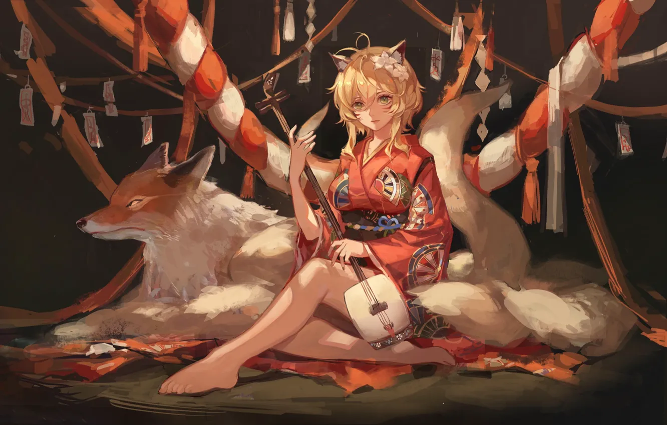 Photo wallpaper tape, rope, kimono, priestess, musical instrument, flower in hair, nine-tailed Fox, amulets