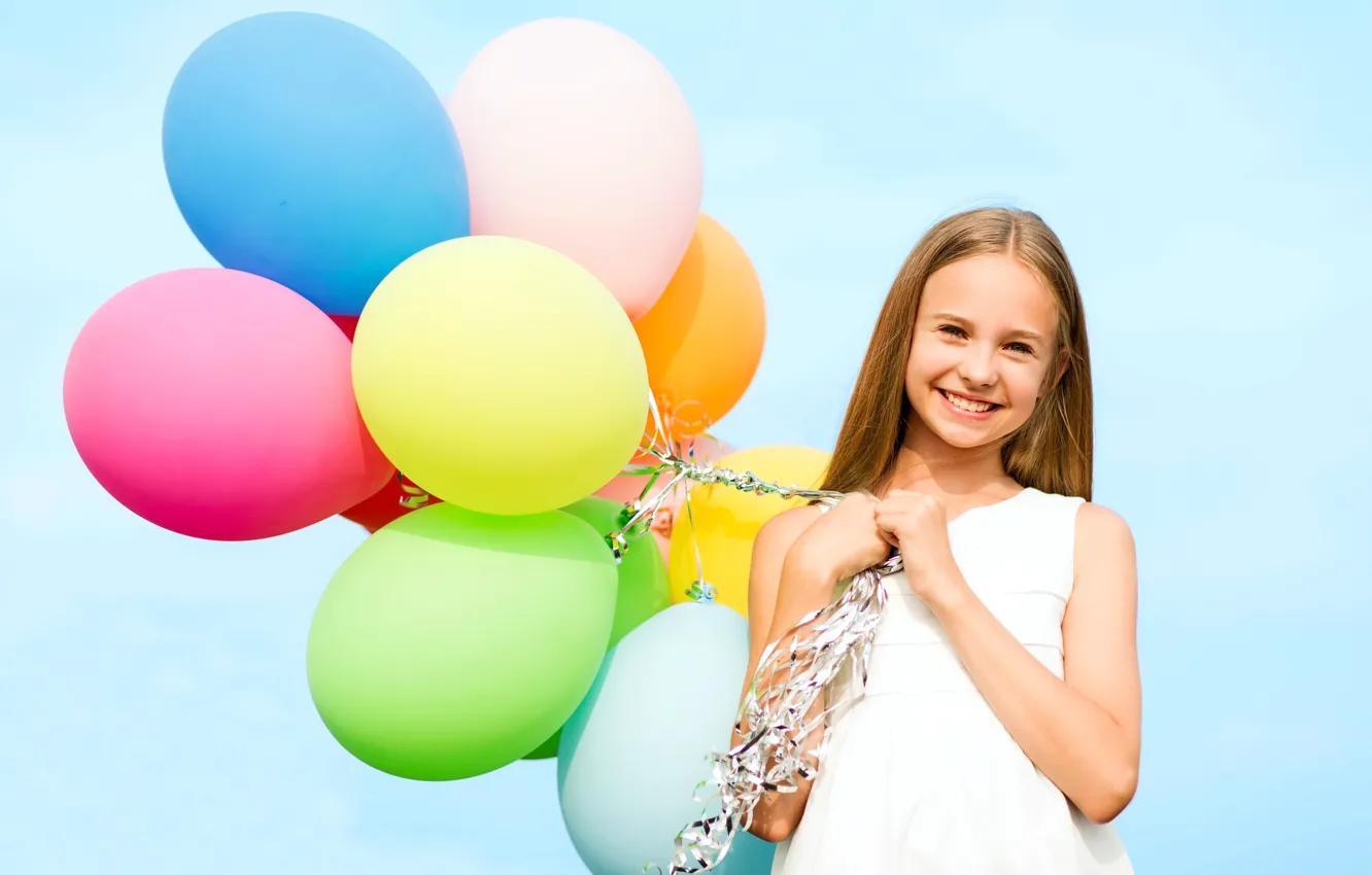 Photo wallpaper balls, joy, happiness, balloons, colorful, girl, girl, happy