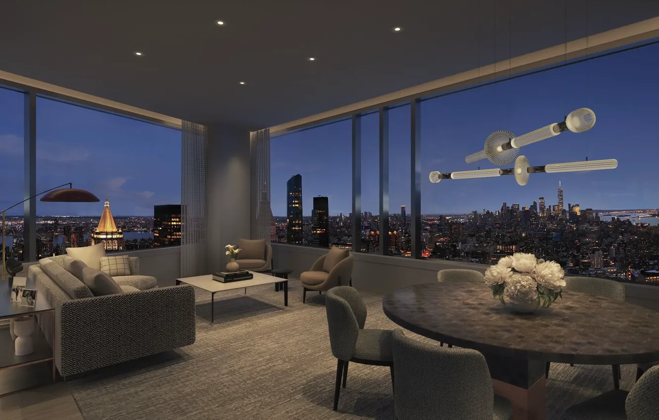 Photo wallpaper design, style, interior, megapolis, living room, dining room, High-Rise Apartment, apartment in a high-rise building