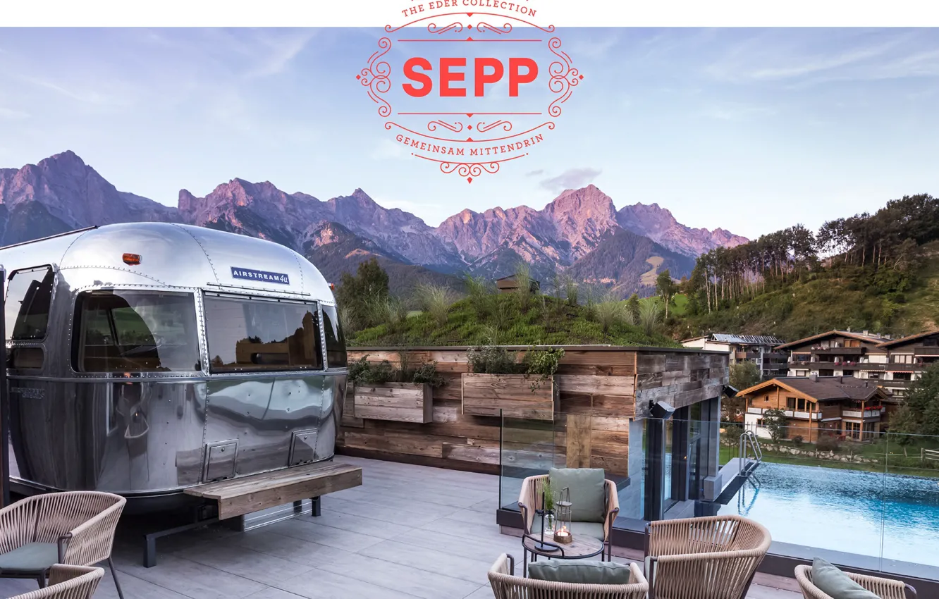 Photo wallpaper the sky, mountains, home, pool, Hotel Sepp