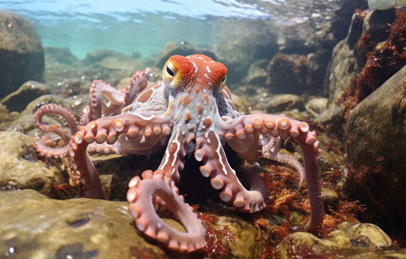 Photo wallpaper sea, look, stones, shore, octopus, tentacles, AI art, neural network