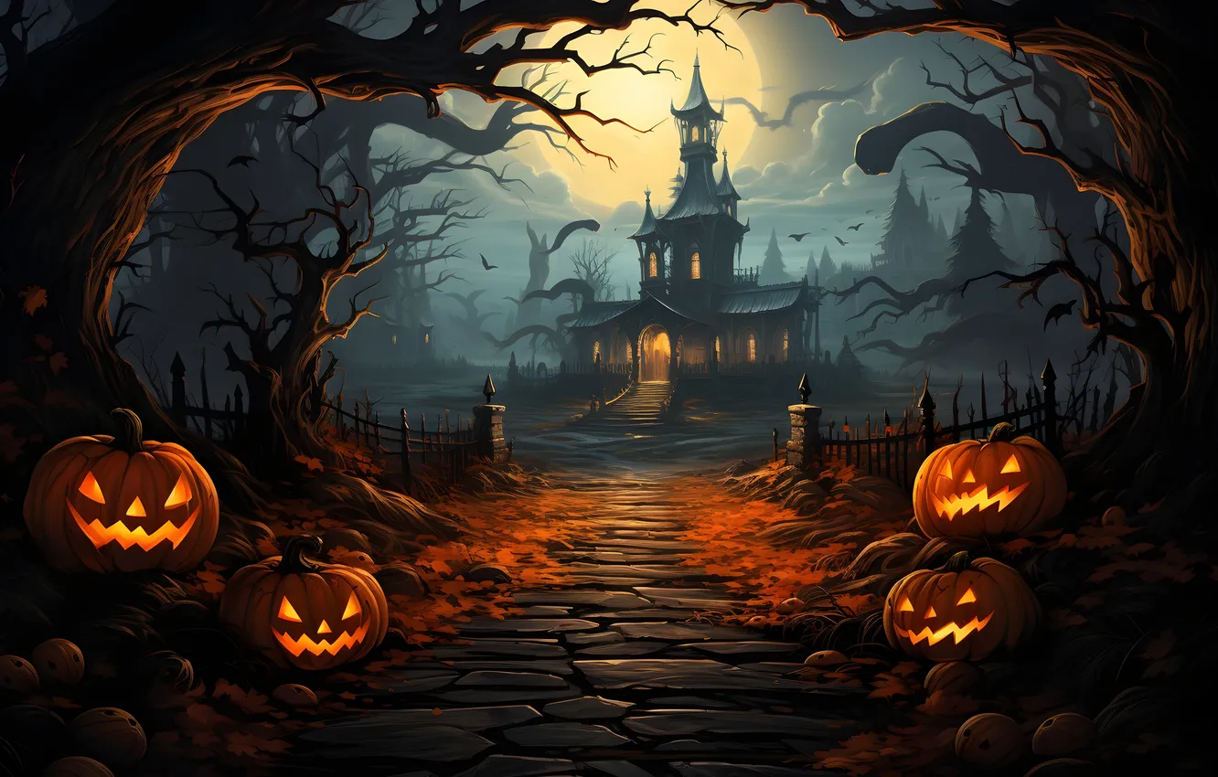 Photo wallpaper road, trees, night, clouds, lights, the moon, home, Halloween