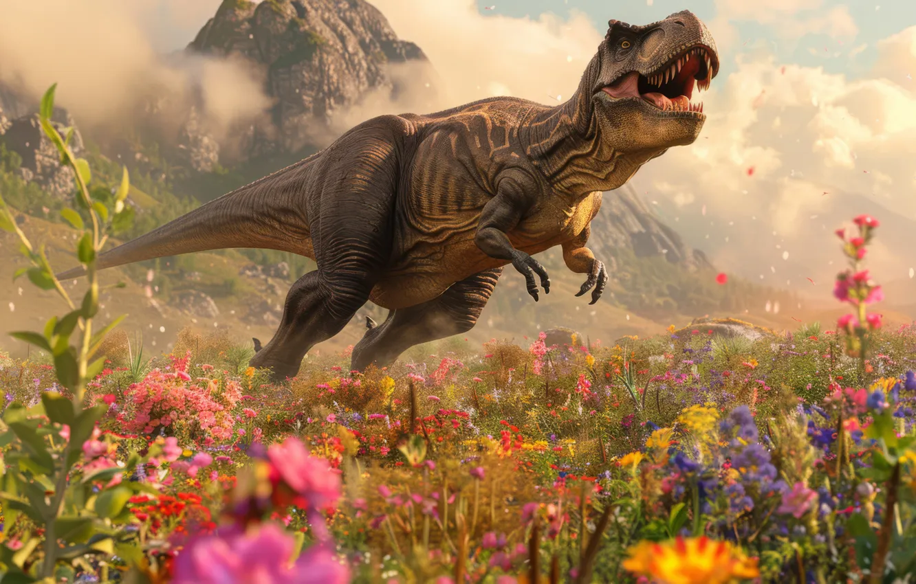 Photo wallpaper flowers, mountains, animal, dinosaur, predator, Tyrannosaurus, digital art, Tyrannosaurus Rex