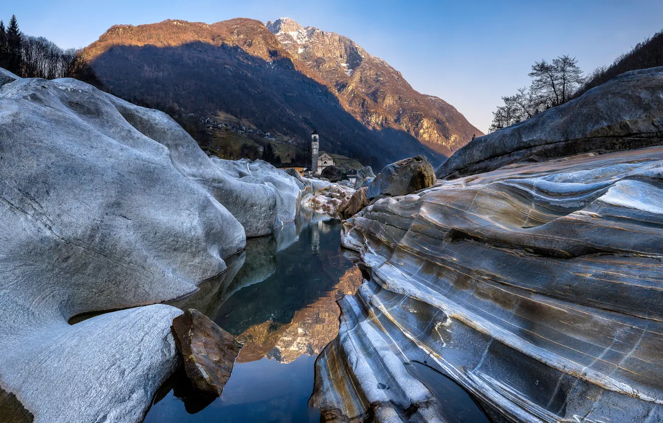 Photo wallpaper mountains, lake, rocks, tower, Switzerland, Ticino, Lavertezzo