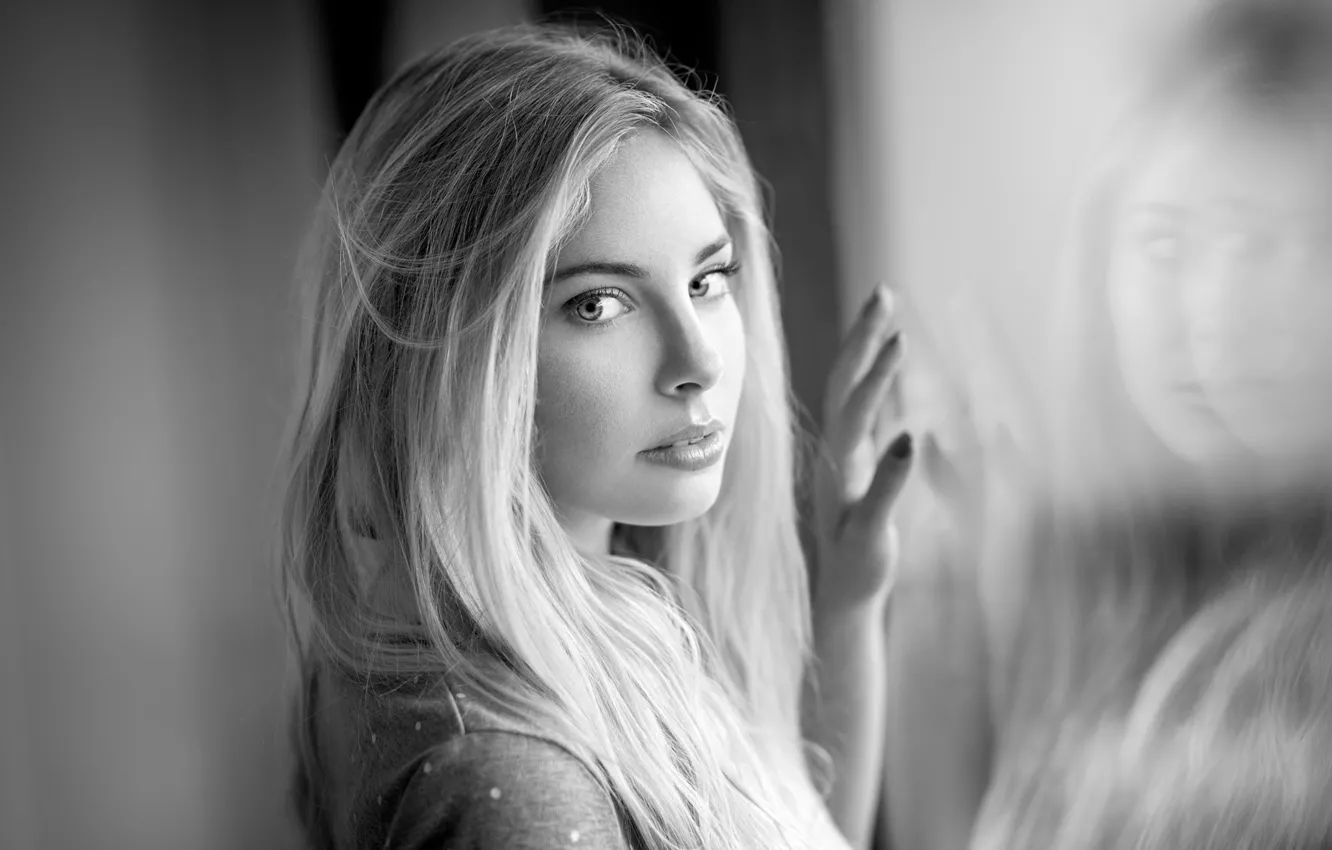 Photo wallpaper look, glass, girl, reflection, portrait, makeup, hairstyle, blonde