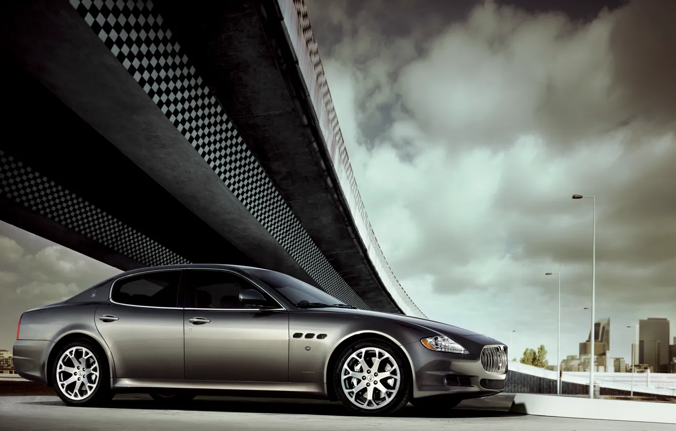 Photo wallpaper Maserati, Quattroporte, Clouds, Auto, Bridge, Machine, Grey, Silver