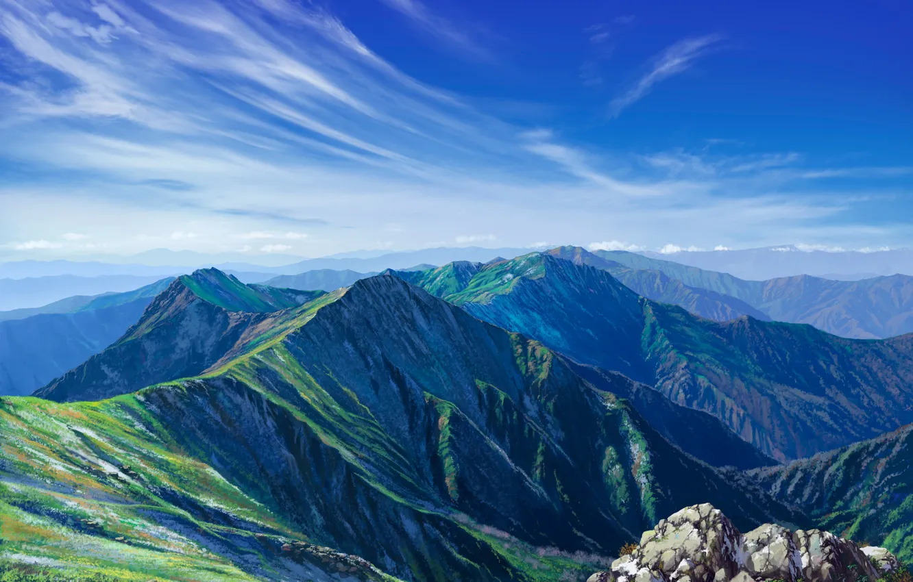 Photo wallpaper sky, landscape, nature, mountains, clouds, digital art, outdoors