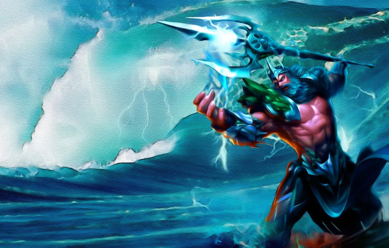 Photo wallpaper sea, wave, magic, lightning, Trident, Neptune