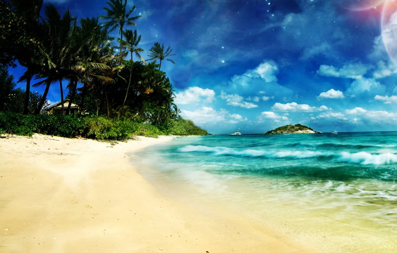 Photo wallpaper the sky, stars, clouds, light, palm trees, the ocean, island, house