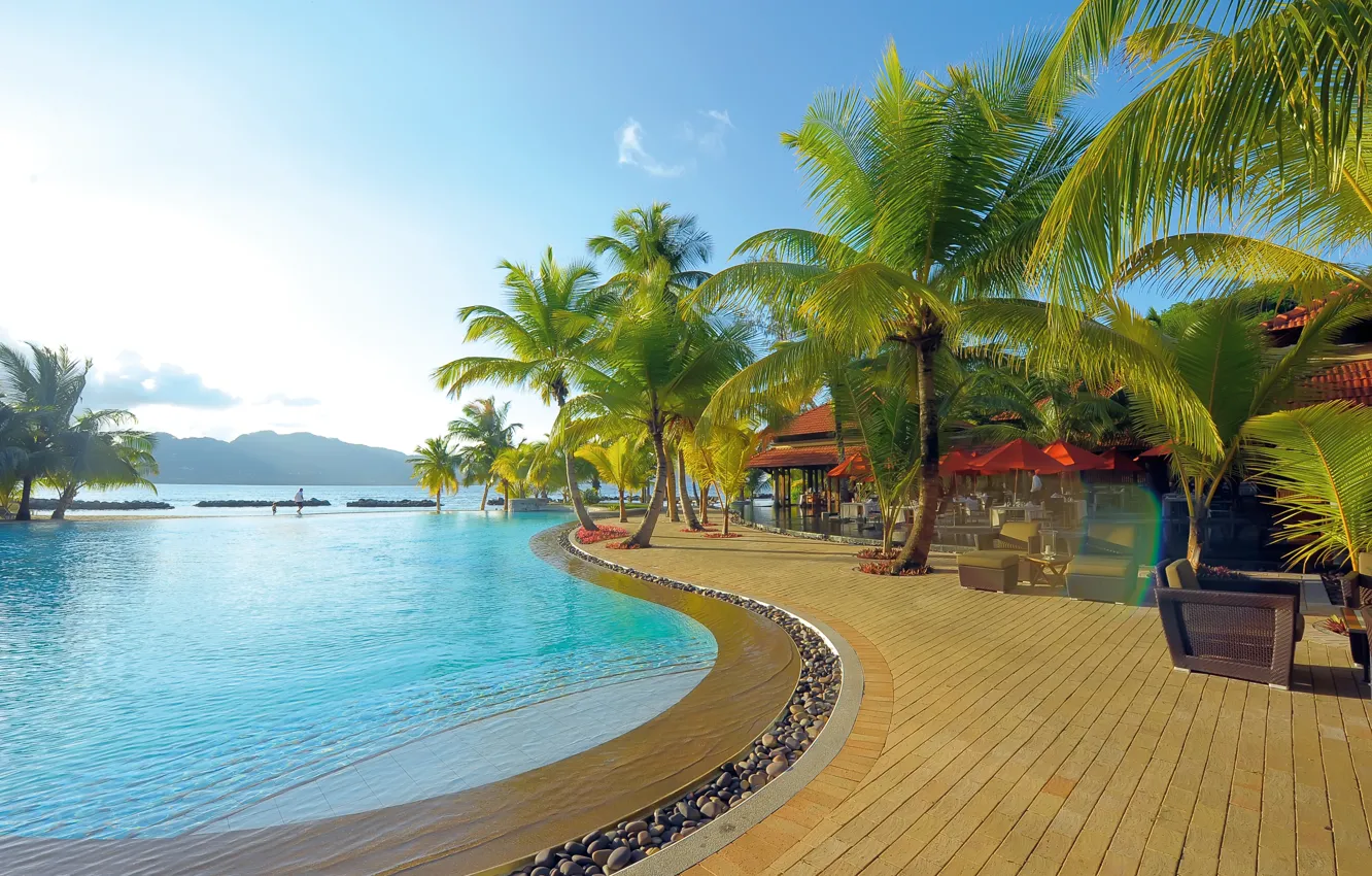 Photo wallpaper palm trees, pool, restaurant, resort