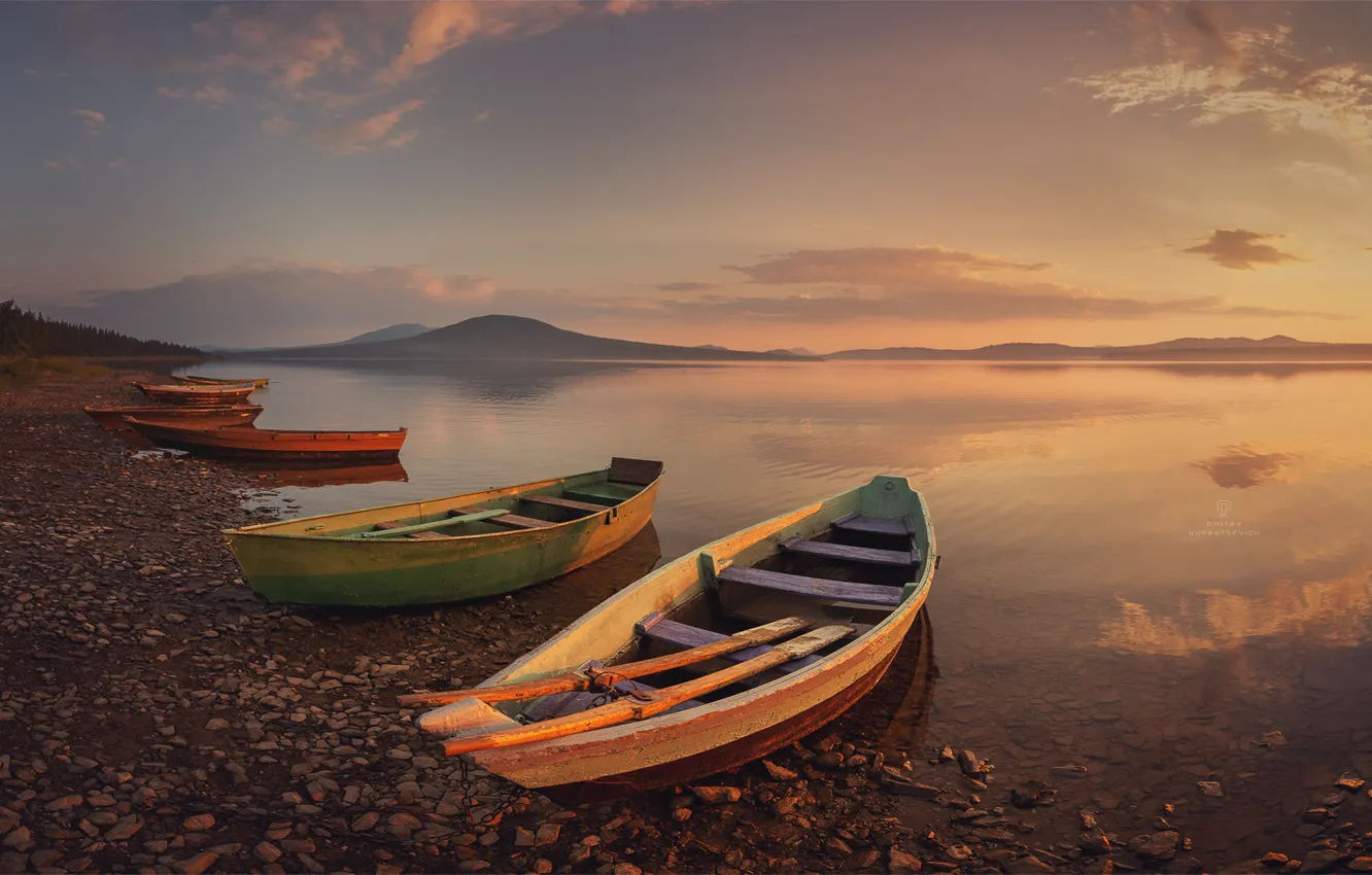 Photo wallpaper lake, boat, the evening, lake, evening, boats, Zyuratkul, Dmitry Kupratsevich