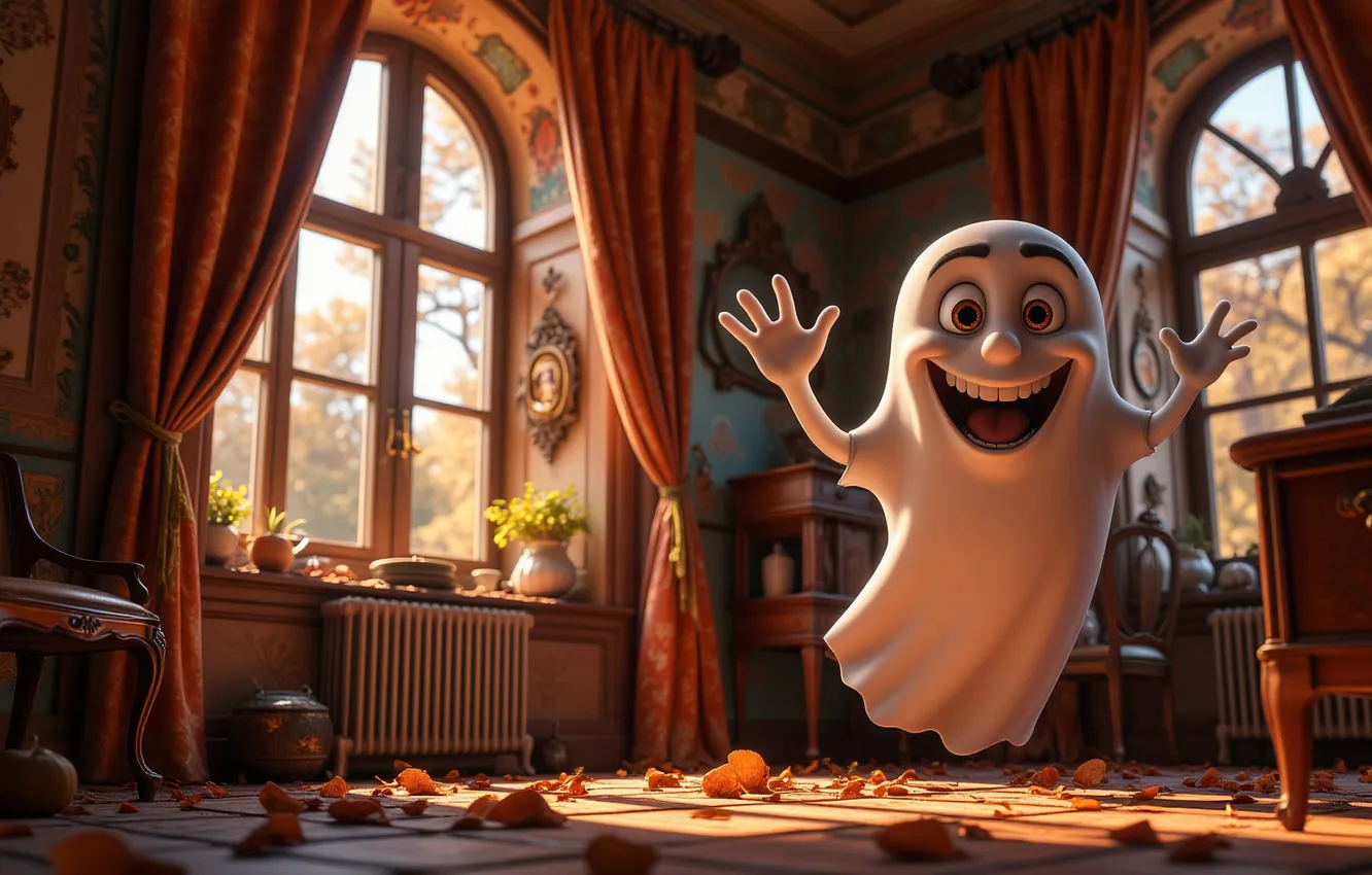 Photo wallpaper autumn, leaves, home, window, Ghost, Ghost