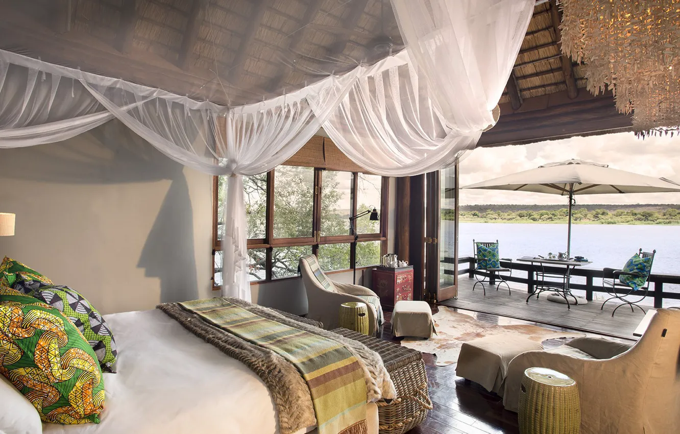 Photo wallpaper interior, Africa, Bungalow, bedroom, terrace, Zambia, Zambia, Riverview