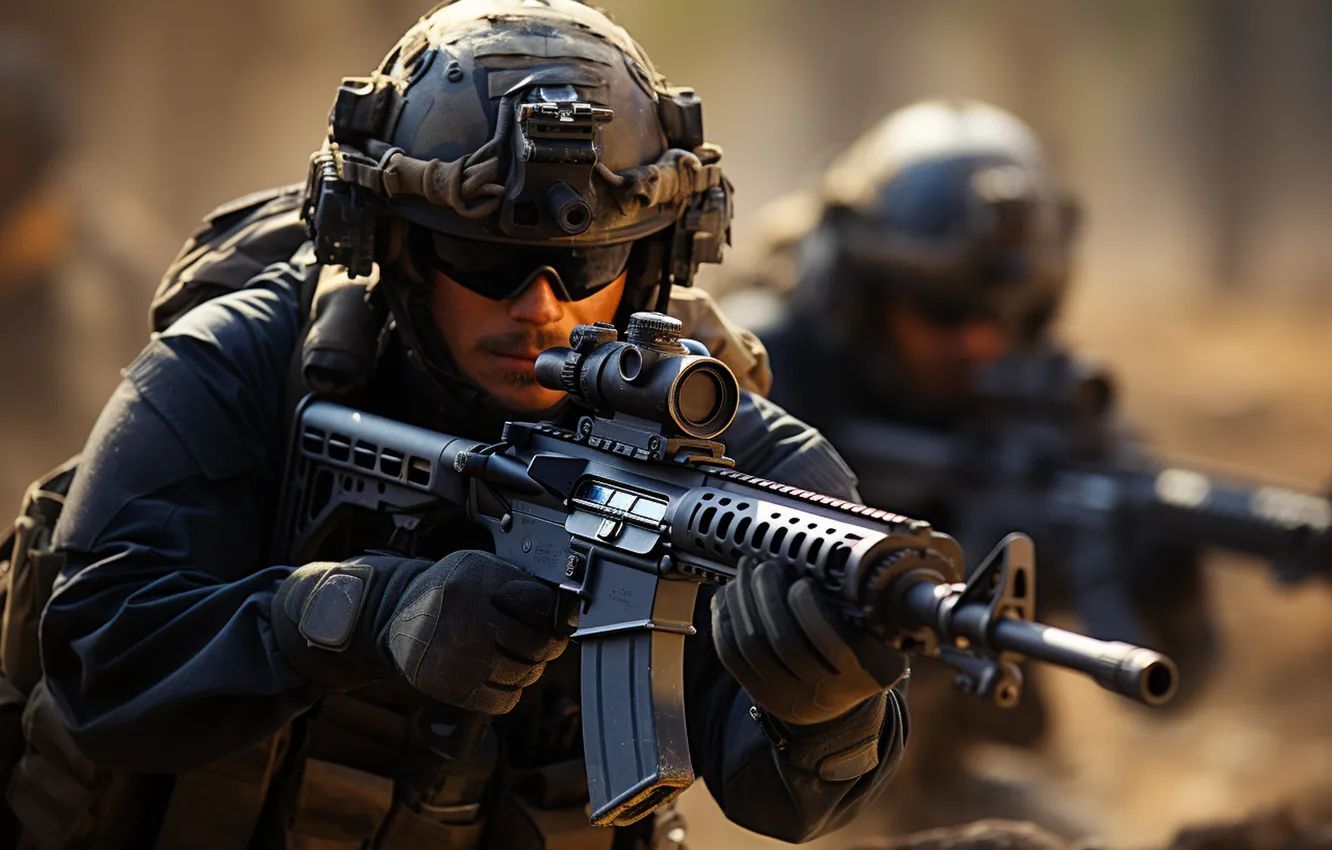 Photo wallpaper glasses, soldiers, machine, male, equipment, helmet, digital art, AI art