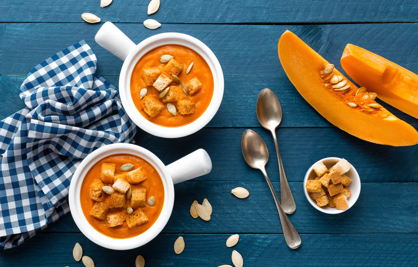 Photo wallpaper food, soup, pumpkin, wood, croutons, pumpkin soup