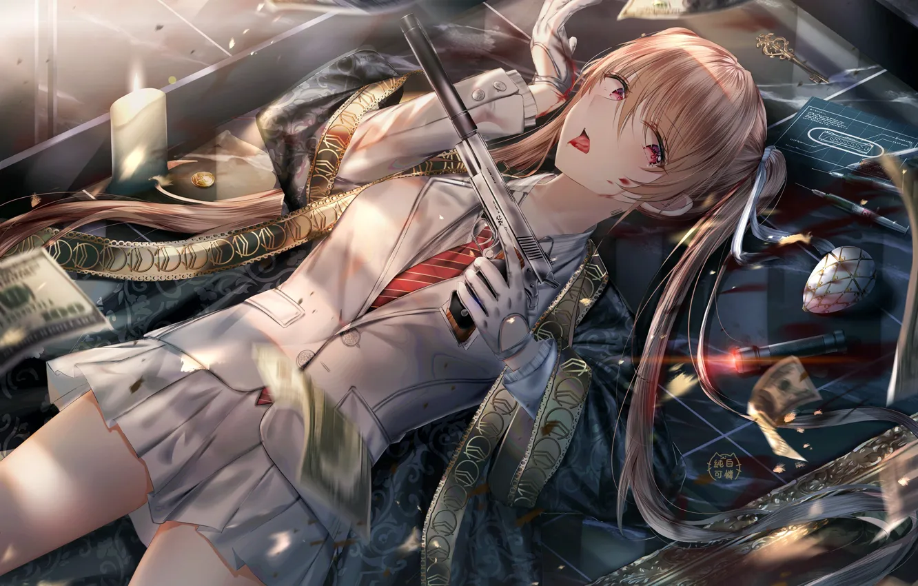 Photo wallpaper girl, gun, money, uniform, banknotes