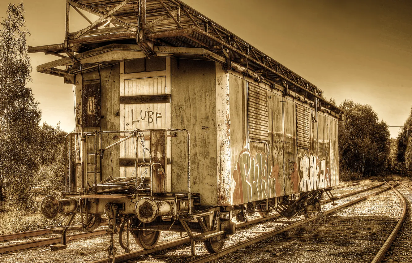 Photo wallpaper trees, retro, rails, the car, railroad