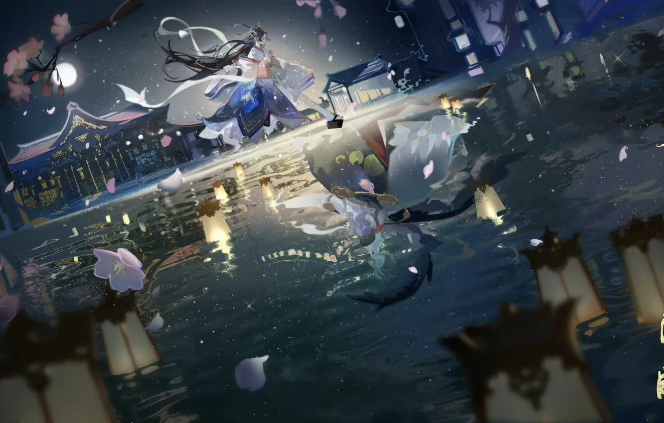 Photo wallpaper water, girl, night, reflection, the moon, art, running, lights