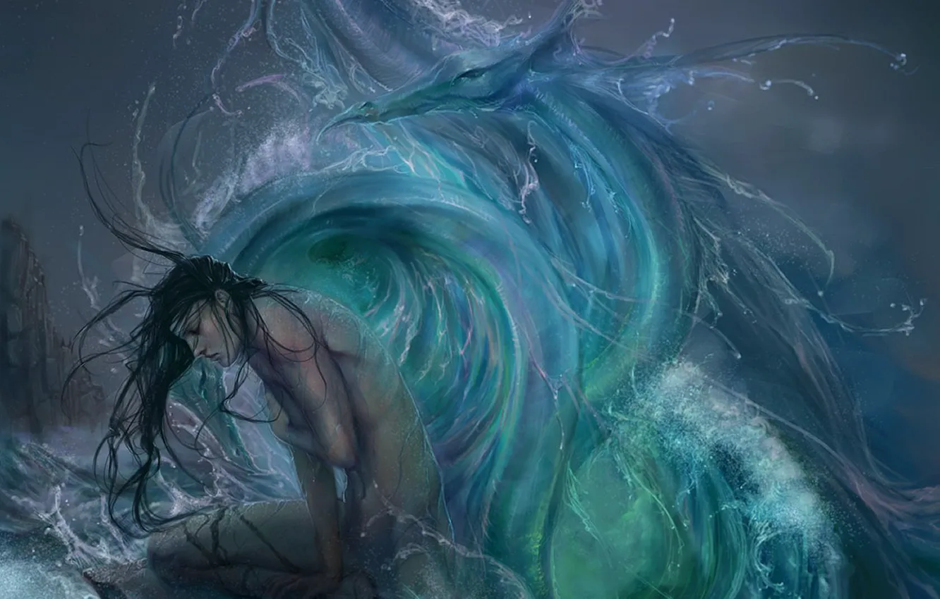 Photo wallpaper wave, girl, snake