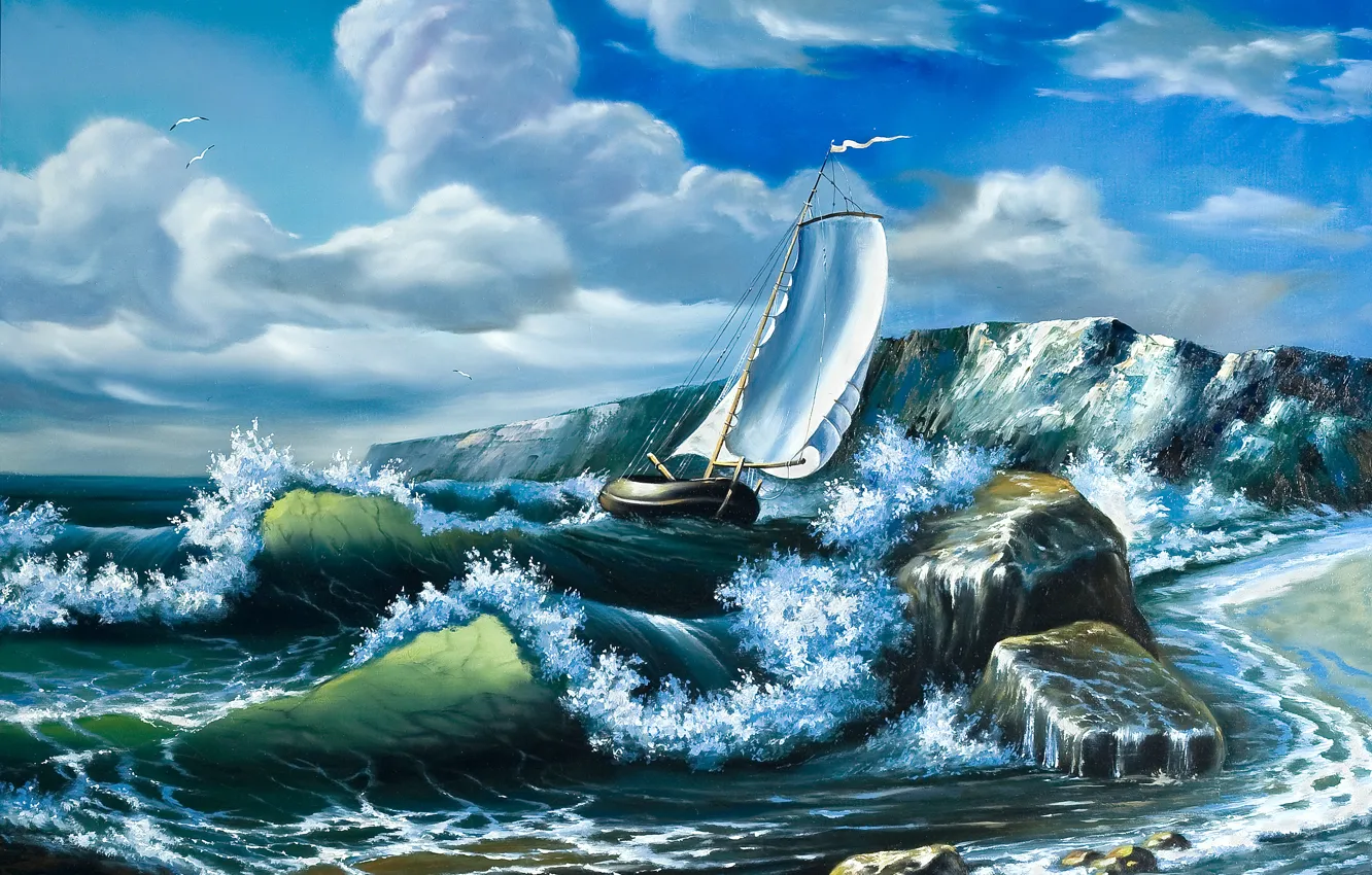 Photo wallpaper sea, wave, the sky, clouds, ship, seagulls, picture, sails